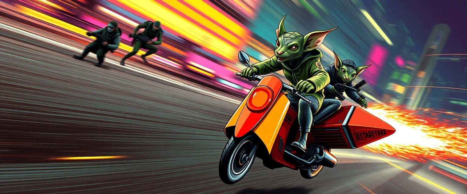 hi speed rocket ship on leaning scooter in a swing, coated rat gremlin captain in high speed pursuit among neon spy vs spy rat cyber soldiers, with background motion blur, airbrush and pen outline, in the style of Fallout 4