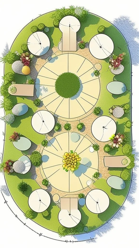 Create a floorplan for a garden of 8 wide and 6 deep. There must be a patch of grass of 2 by 4 meter and a space for a outdoor kitchen. There must be a round picknick table and two sunbeds.