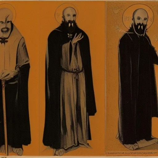 Nosferatu vampire with a beard and vampire fangs as a Russian Orthodox bishop with four arms with long claws and yellow eyes