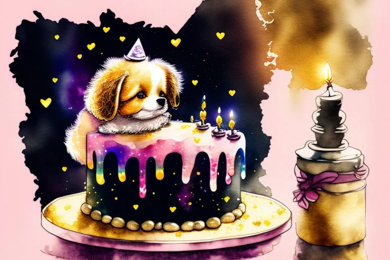 birthday cake, chibi dog in a beautiful kitchen, heart and love in the sunshine, watercolor and black ink outlines, sparkling golden glitter, ethereal, cinematic postprocessing, bokeh, dof