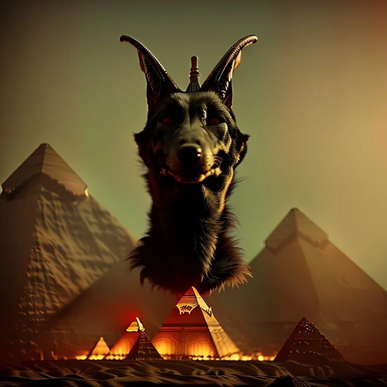 A portrait post-apocalypse of Jackal Egyptian God Anubis ,in a sin city pyramid, sci-fi fantasy style, volumetric lighting, particales,highly detailed,cinamatic,8k,3D,fire and black deep colours,ignore NSFW.