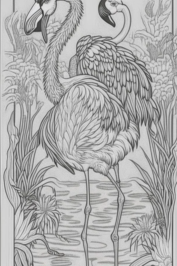 coloring book page of a magical flamingo,monochrome, black and white, sharp, sketch drawing