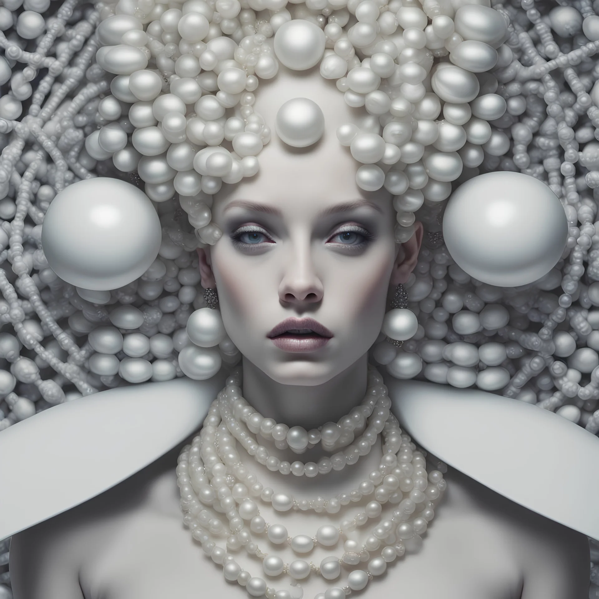 a close up of a woman with pearls on her head, art station front page, futuristic fashion clothing, personification of greed, hi - fructose art magazine, beautiful highly symmetric faces, bright white porcelain, interconnected human lifeforms, stylized portrait h 1280, justina blakeney, shot with Sony Alpha a9 Il and Sony FE 200-600mm f/5.6-6.3 G OSS lens, natural light, hyper realistic photograph, ultra detailed -ar 3:2 -q 2 -s 750
