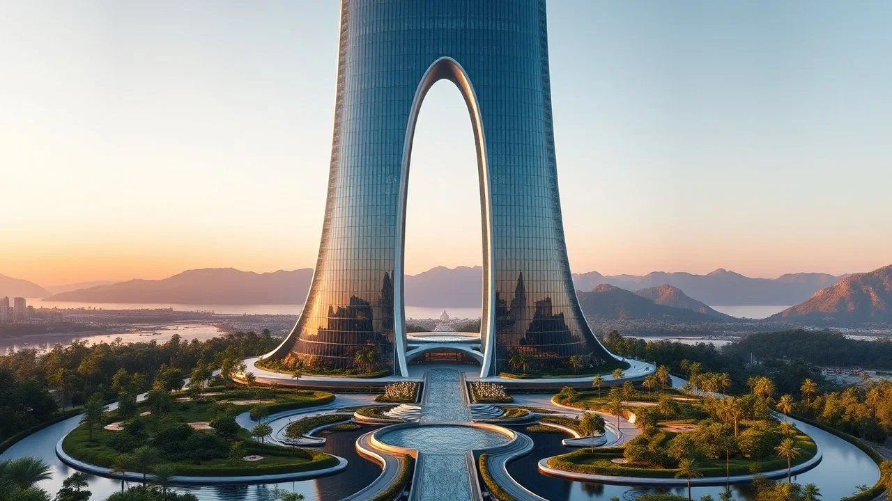 A futuristic skyscraper designed with sweeping hyperbolic curves, where the entire façade is made of reflective glass. The building rises gracefully toward the sky, with its symmetrical hyperbolic arc creating a sense of balance and elegance. Surrounding the structure are lush gardens and flowing water features that mirror the curves of the building. There are mountains in the distance. Beautiful lighting at sunrise. Award-winning photograph.