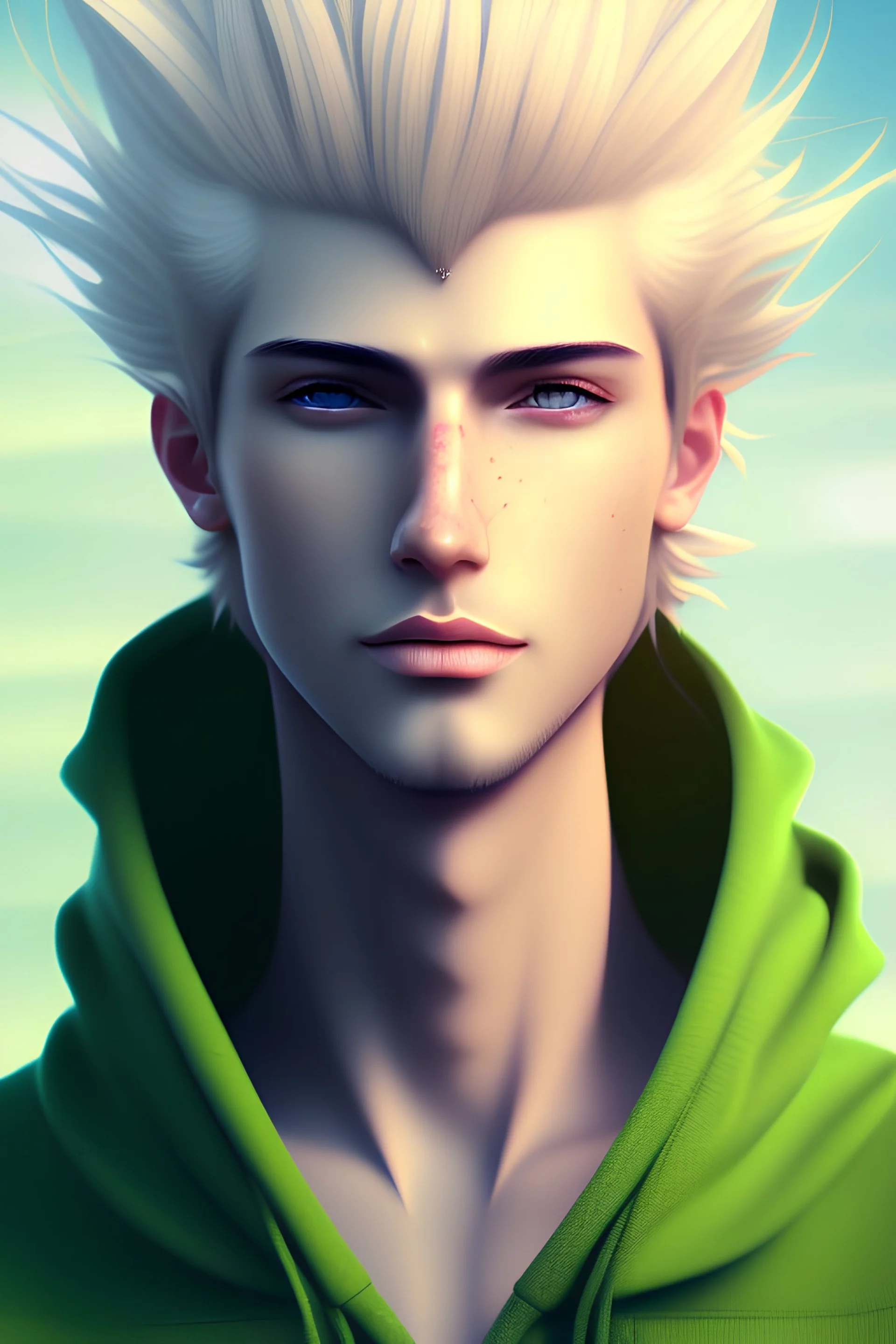 The handsome and perfect portrait is on Spruce Street, anime, blonde-haired and green-eyed male character on the beach for the magazine, 8K resolution, high quality, ultra graphics, and detailed with lines.