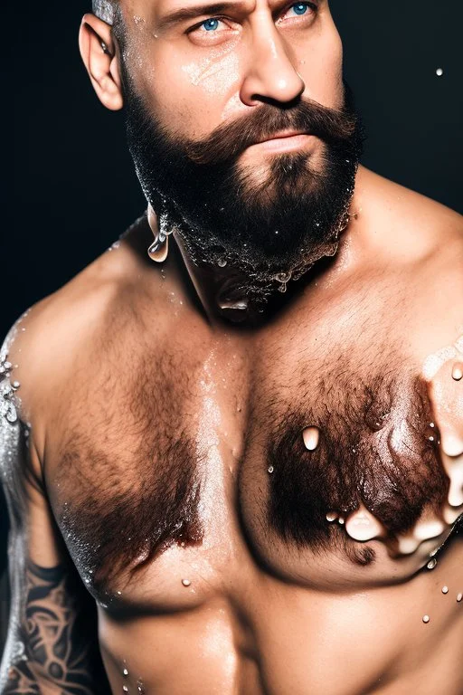 close up photography, dirty burly russian ugly strong 46 years old man, bullneck, milk falling from above, splashing and dripping milk in the face, milk dripping on the beard, with dirty tank top, tattoo, serious eyes, manly chest, 35mm lens, natural light