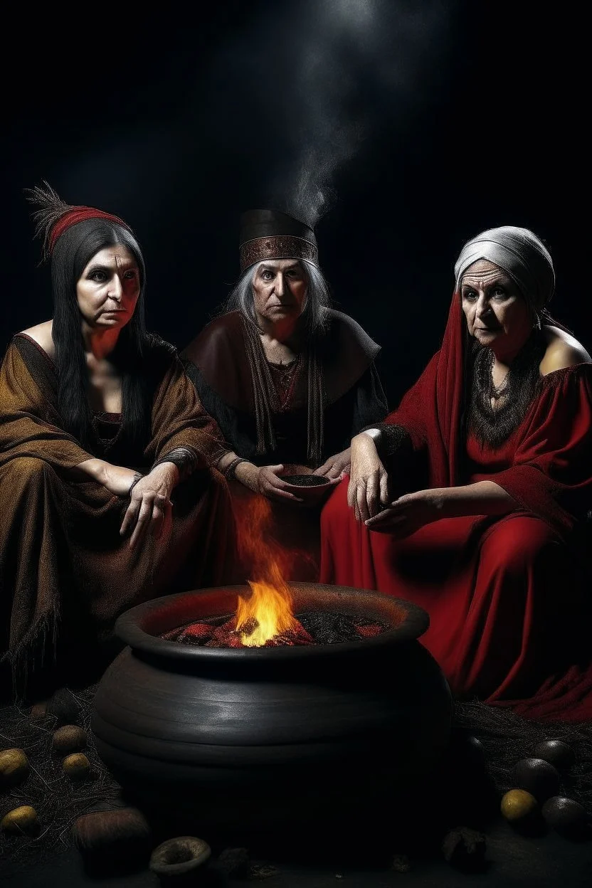 The three witches from macbeth dressed as Spanish gypsies sitting around a streaming cauldron