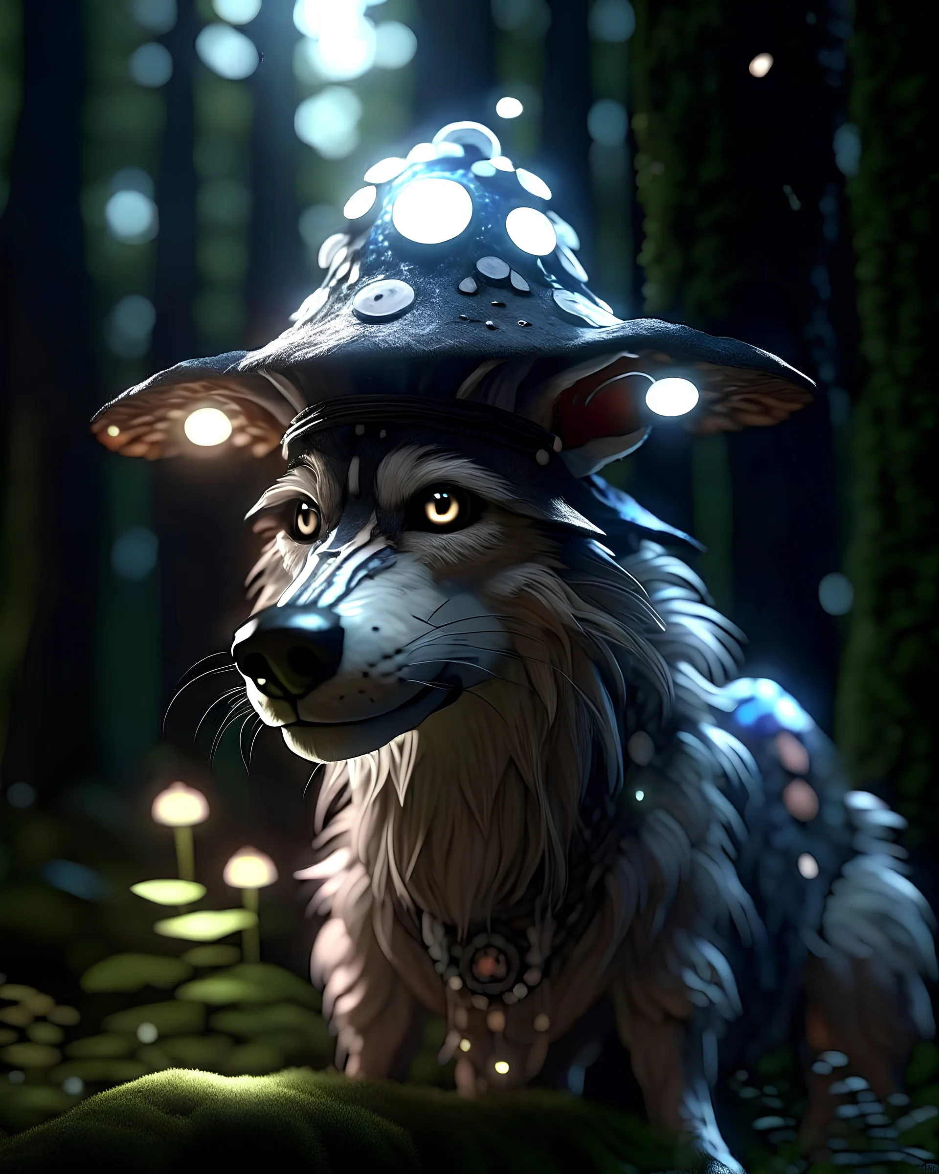 angry cyborg wolf with a mage hat and mushrooms growing from it, background blurred for a elf forest at night, high detailed, 8k, fantasy, rpg
