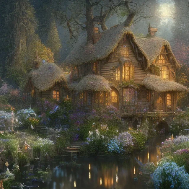 high-quality, fine-detail beautiful magical cottage with a clear, reflective lake, flowers, butterflies, small globes of iridescent light, tranquil, gorgeous, 8k resolution, 3D octane render, intricate, sharp, crisp, digital art, detailed matte, volumetric lighting, George Grie, Anne Dittman, Anne Stokes, Lisa Parker, Selina French, Alphonese Mucha