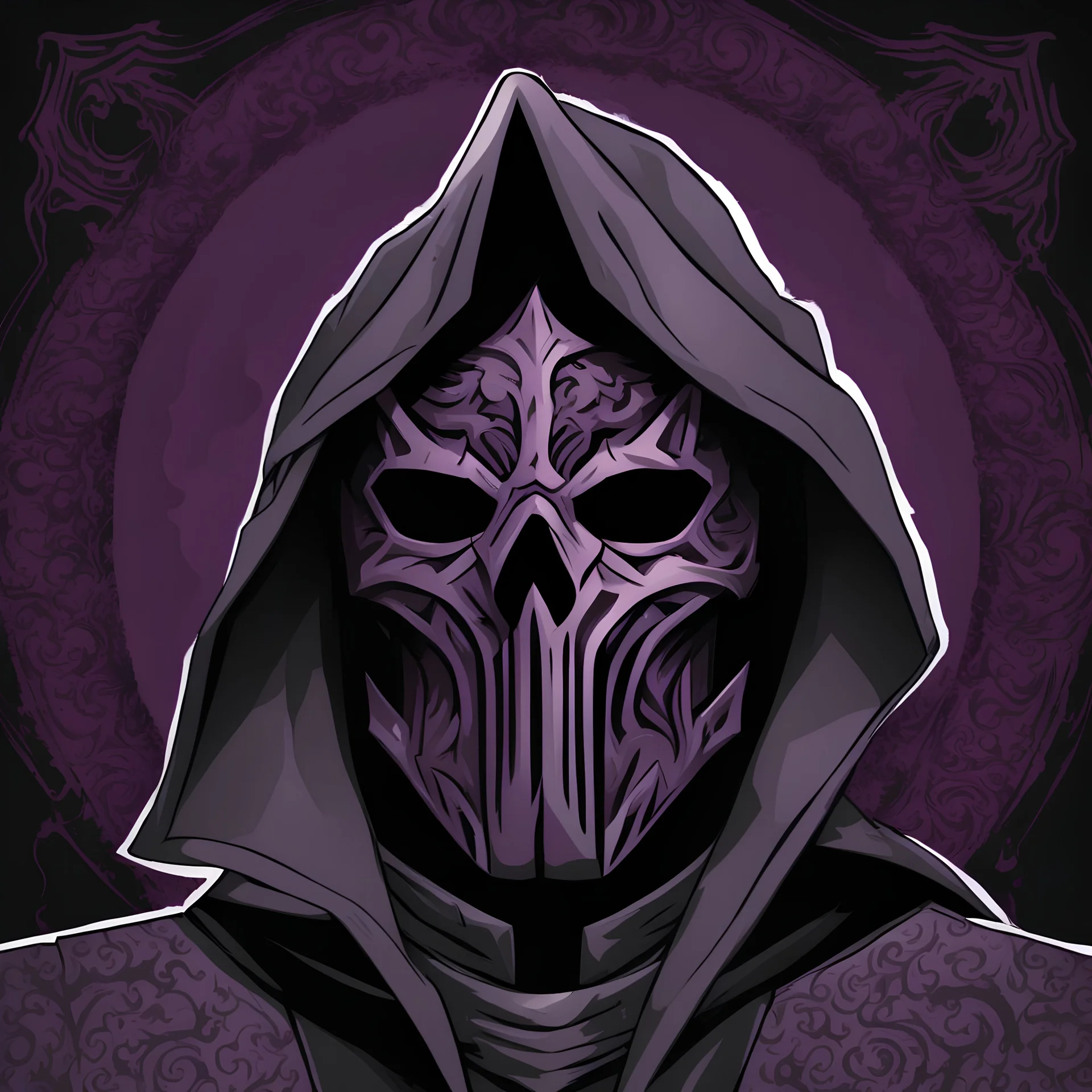 warlock, black mask with ash purple patterns, black robe with ash purple patterns, dark, ominous, ash purple, grey background