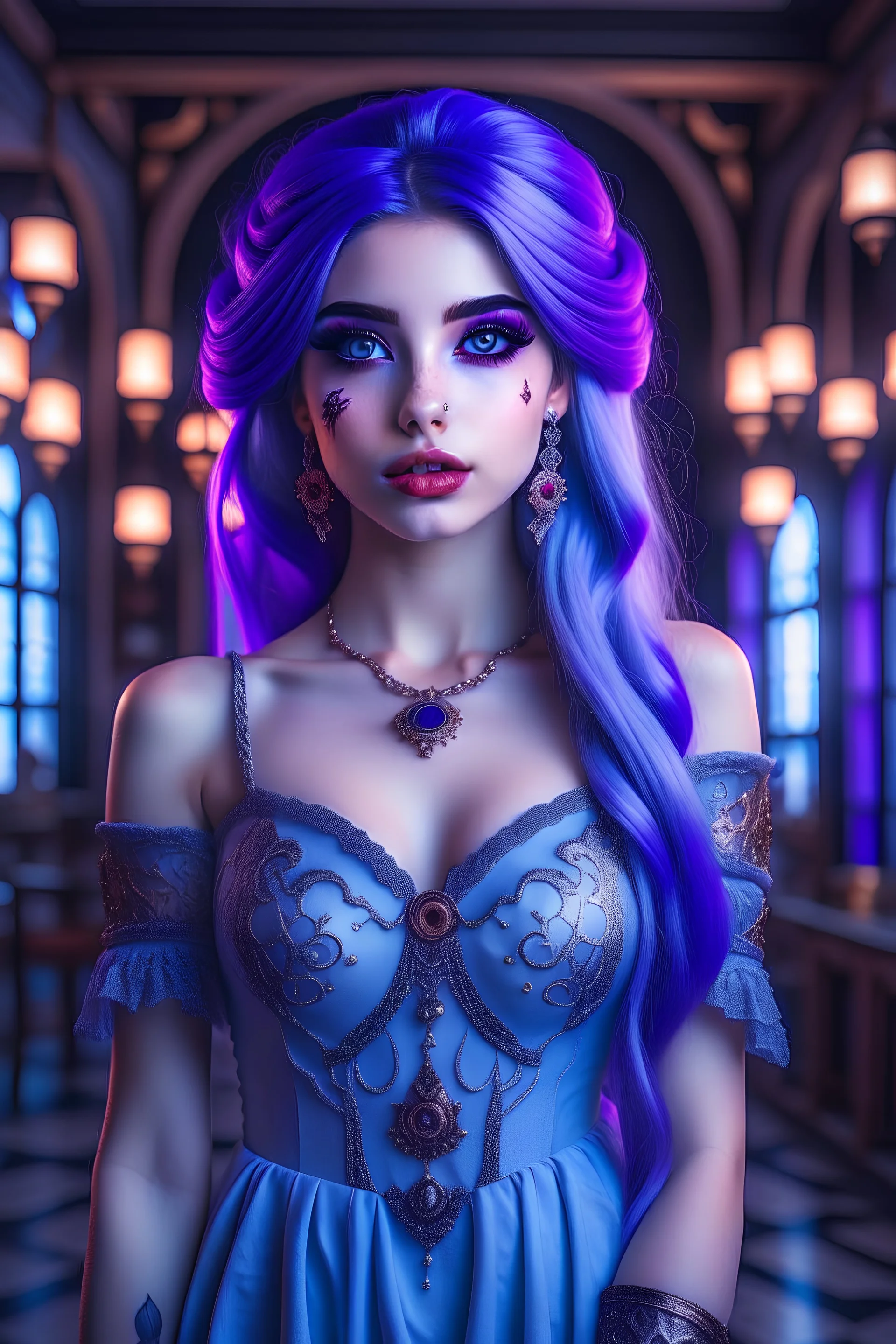 1girl, teen, white skin, HDR,UHD,8K, best quality, masterpiece, Cinematic Lightin, slender, indian style, Mashort eyebrows, purple eyes, devil pupils, parted lips, smile, swept bangs, braid, very long hair, light blue hair, stockings, high heels, tiara, long dress