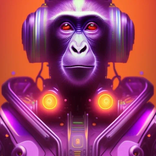 A beautiful portrait of a cyborg monkey purple neon color scheme, high key lighting, volumetric light high details psychedelic background