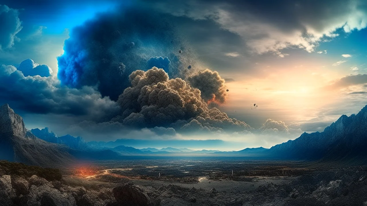 Fantasy world experiencing earth-shattering earthquake. The sky is clouded with smoke and ash