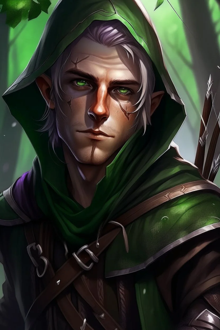 35 year old rogue gay elf, thief assassin, messy Mauve hair, sparkling green eyes, glowing brown skin, black hood, black leather, messy, disheveled, trees, sneaky, bow and arrows, tall, skinny, friendly, stoner, dangerous