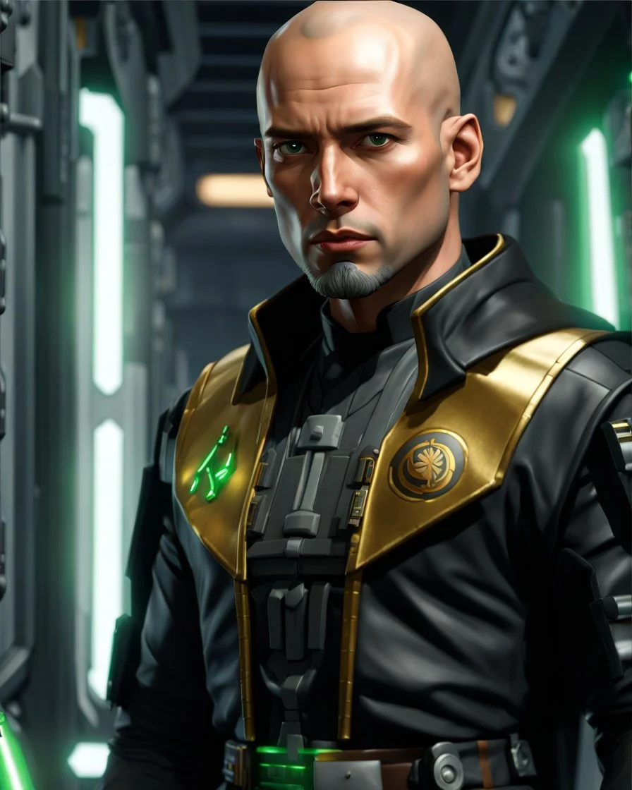 star wars bald male corellian jedi pilot wearing black and gunmetal grey old republic armored robes with gold trim inside the jedi temple holding a lightsaber with viridian green blade in left hand, centered head and shoulders portrait, hyperdetailed, dynamic lighting, hyperdetailed background, 8k resolution, volumetric lighting, light skin, fully symmetric details