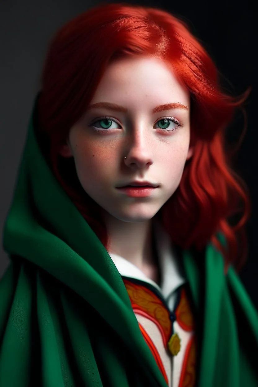 A girl with red hair and green eyes and she is wearing a Hogwarts robe