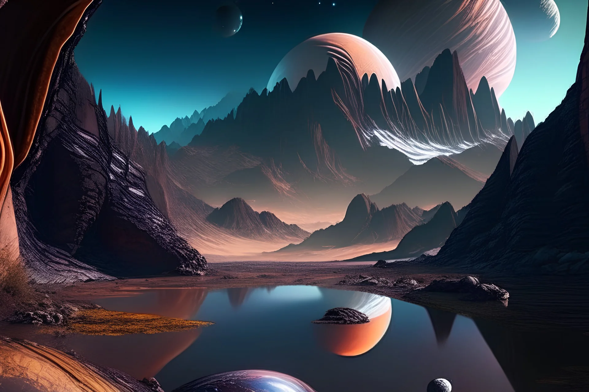 exoplanet, stream, mountain, sci-fi.