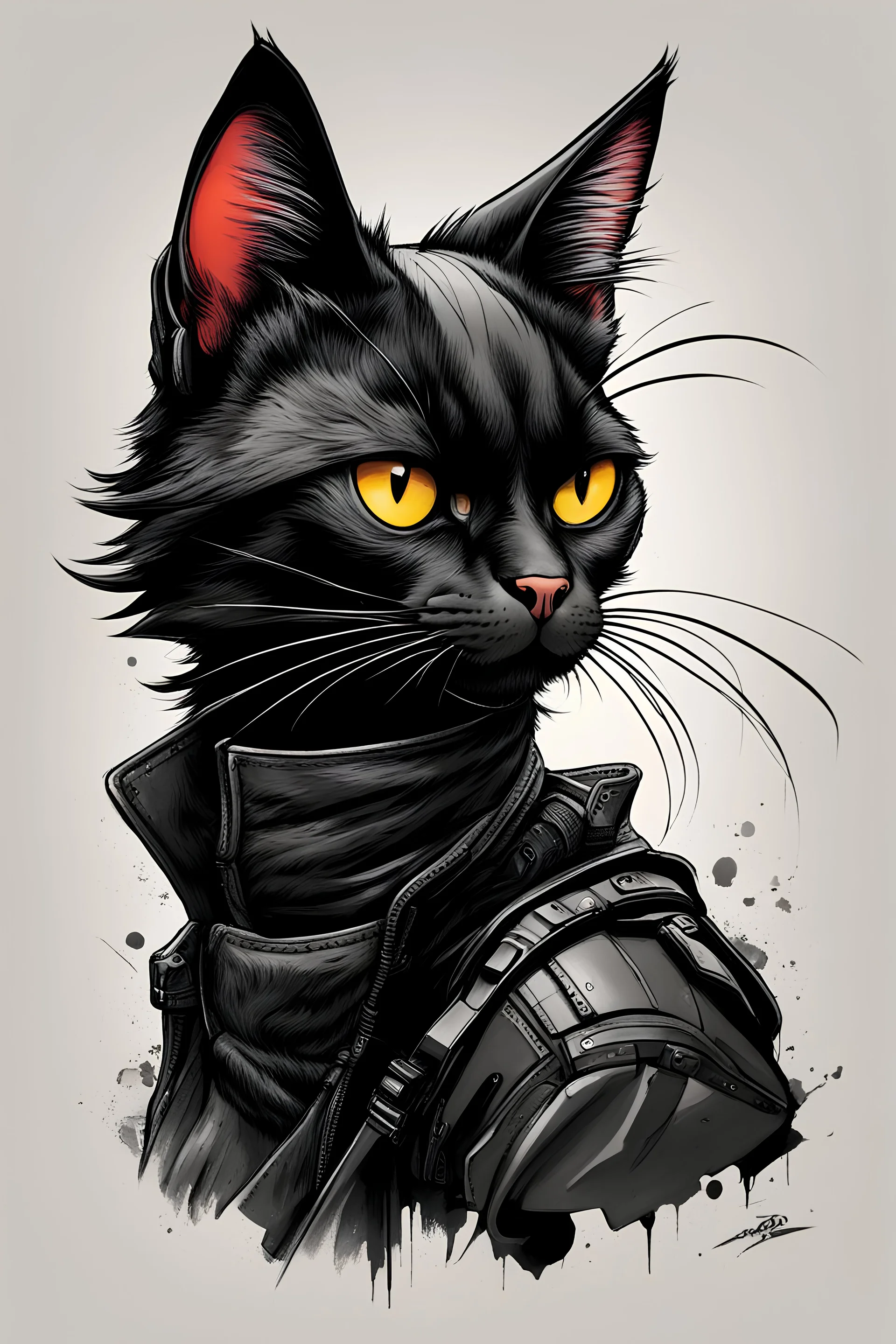 create a wild caricature of a grizzled streetwise cyberpunk female mercenary Black cat, highly detailed with refined feline features in the cartoon caricature style of Gerald Scarfe , precisely drawn, boldly inked, vividly colored, 4k