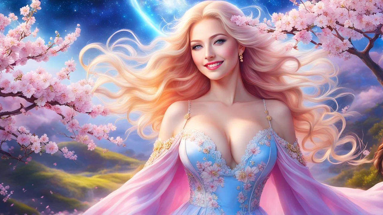 ((best quality)),((masterpiece)),ultra detailed background ((Cherry Blossoms)),(30 years old Sweedish gorgeous smiling woman), big breast,wearing flowing dress, golden blue flowing hair glamour,(blue eyes),beautiful face,((white mists:1.4)),(pink dust:1.2),mysterious,mysteries of galactic universe,yellow lightnings,volumetric lightnings,dark and blurry background,