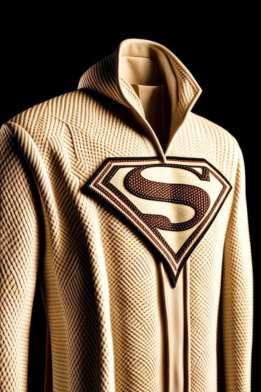 Men's Superman's Gucci Winter coat elegant inspired by Superman's emblem design beige tones with dual color on a white background, product catalog photography, soft spot lighting, depth of field, 4k –ar 3:5 –q 2