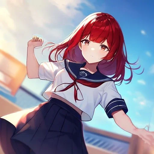 Clear focus, High resolution, medium length hair, cyan hair, red hairs, wearing a sailor uniform, (Falling from sky) (helpless) (Ilisration)