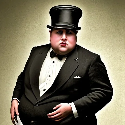 A portrait of a 1930s Italian-American businessman in his late 20s with a black bowler hat and a suit. He is obese and has black hair