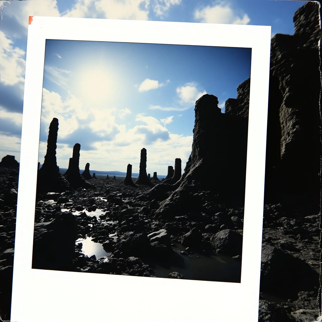 Photography polaroid close-up of a landscape with massive odd Yves Tanguy incomprehensible style, ruins, surrealism, glossy, organic, creepy mass growing, strong texture, fiotti di liquido nero, swamp, horror, panic, obsessive, hypnotic, Max Ernst rotten figures, blue sky, clouds, sun