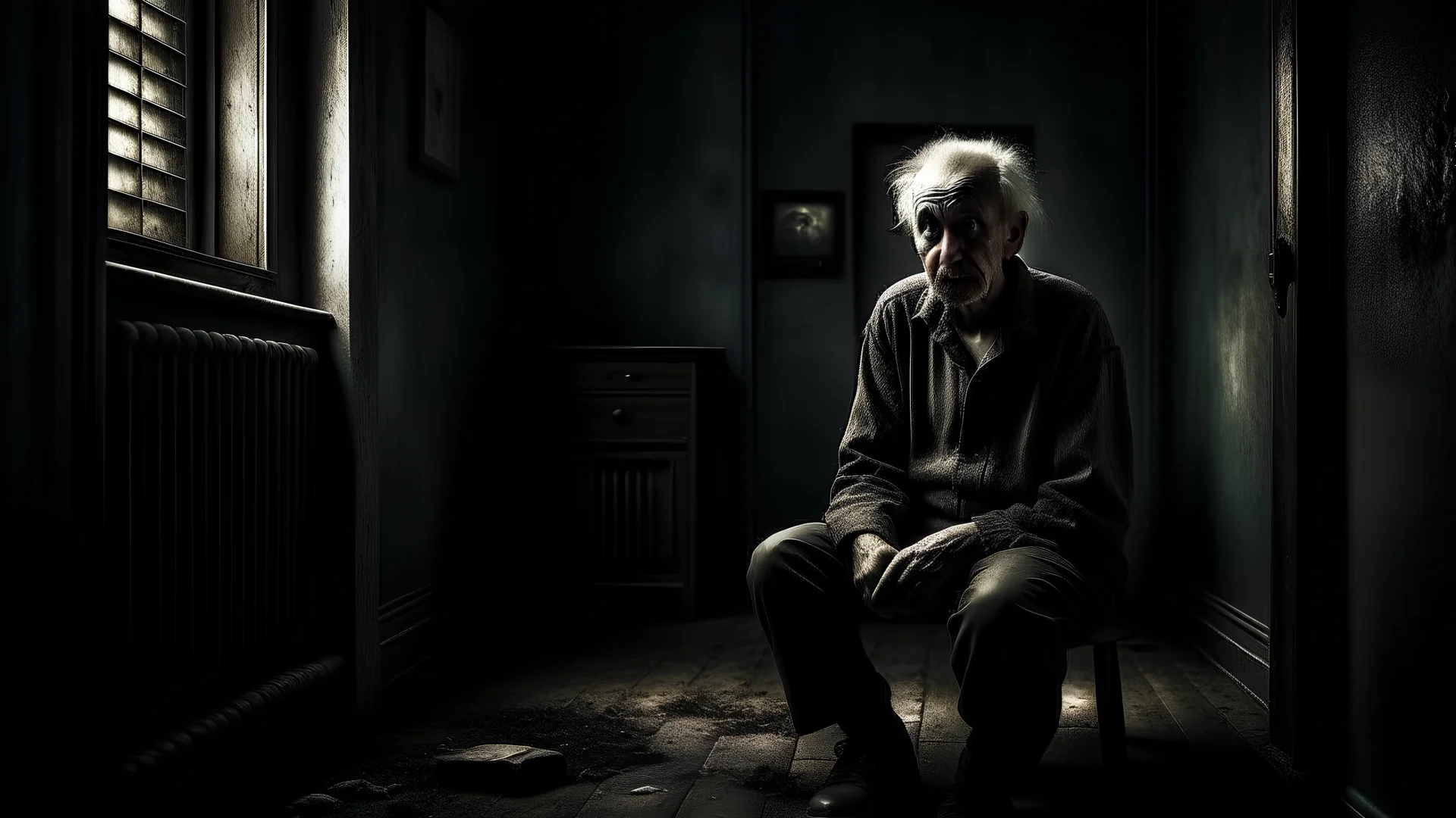 What would intense fear look like if it were an old man sitting in the middle of a dark and dirty room, alone and afraid?