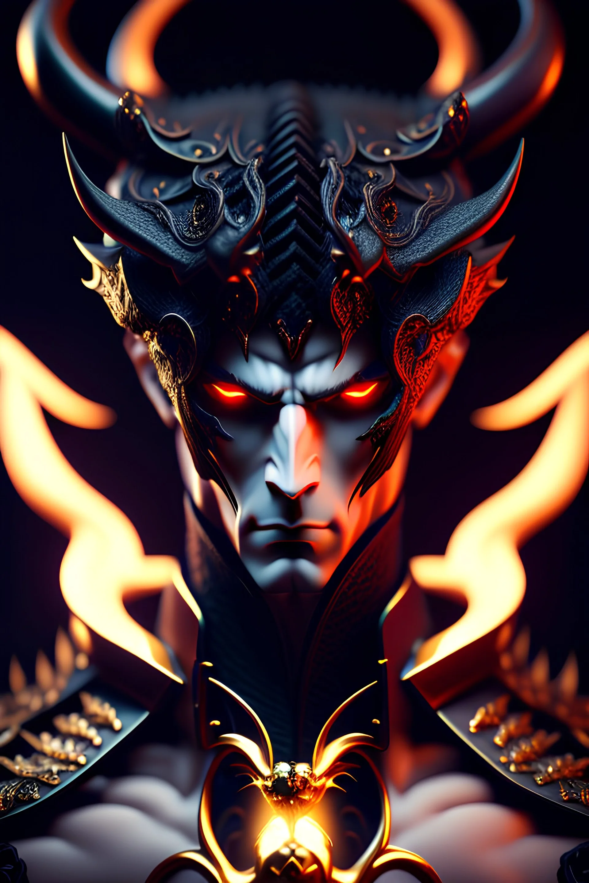 Demonic character, demon tail, ominous, full body portrait, intricate, oil on canvas, masterpiece, expert, insanely detailed, 4k resolution, retroanime style, cute big circular reflective eyes, cinematic smooth, intricate detail , soft smooth lighting, soft pastel colors, painted Renaissance style, no makeup, snake skin, black sclera, masculine, heterochromia, weapons, tattoos