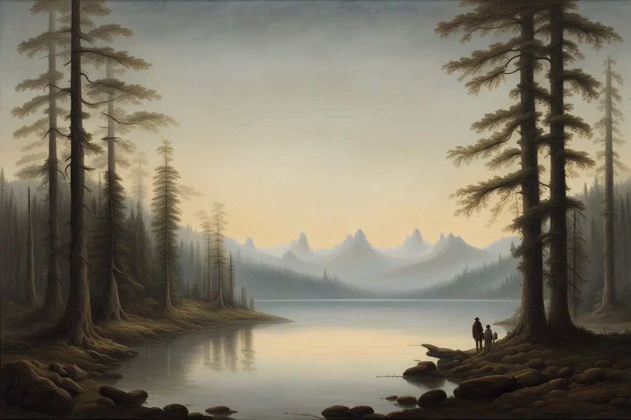 A majestic landscape painting by Caspar David Friedrich, capturing the essence of Romanticism. The painting features a tranquil forest scene, with tall, towering trees, and a serene lake reflecting the sky. In the distance, a charming village can be seen nestled among the trees. The painting's colors are muted, with a contrasting bright sky, and the overall atmosphere evokes a sense of awe and wonder.