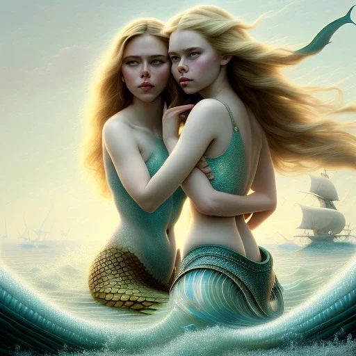 A beautiful portrait of a fusion of Scarlett Johansson and Elle fanning as a mermaid , leaning on a ships deck ,Rough sea in the background, a shark,snails, seashells (digitall art by Eugene de Blaas and Ross Tran, vibrant color scheme, highly detailed, in the style of romanticism, cinematic, artstation best quality, realistic lighting, masterpiece portrait, details light dusting , cowboy shot from above, simple chain hauberk Vector art digital illustration 3D shading )