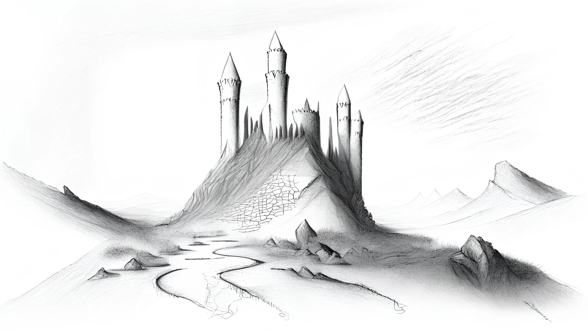 pencil sketch drawing a landscape of a scary Omani castle from the front of a craters on the surface. Abstract front image and white background