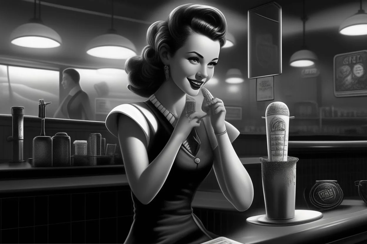 50-v5.2 prompt 26: Using the Grisaille technique, create a vintage Pin-up Girl in a classic 1950's diner setting. elegantly sipping a milkshake with an iconic jukebox in the background. -ar 16:9 -s 50. -v