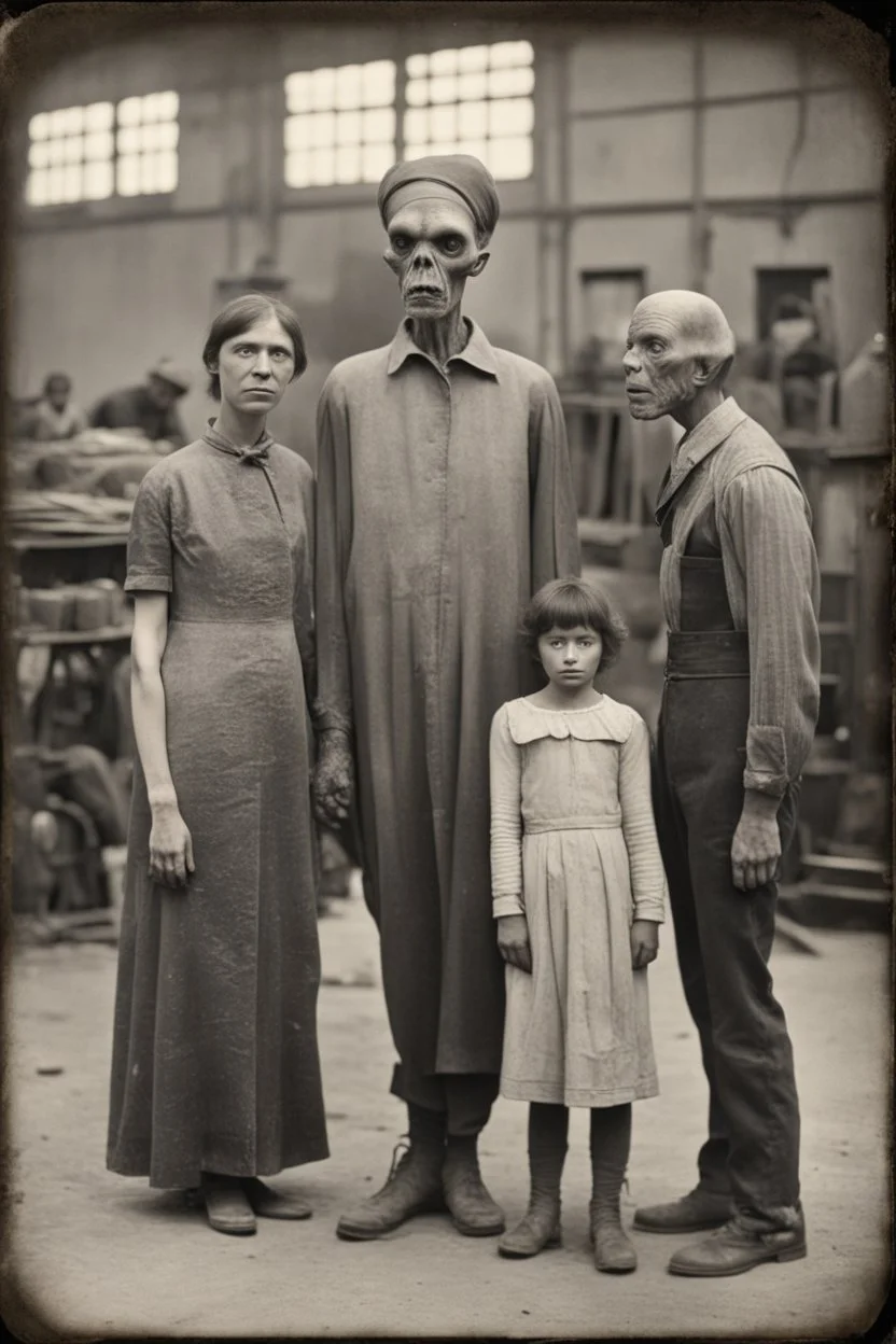 1900's black and white vintage photo, interior, teeth factory warehouse, grey alien human hybrid creature with a family that is sad, captured on square format film, grainy, aged