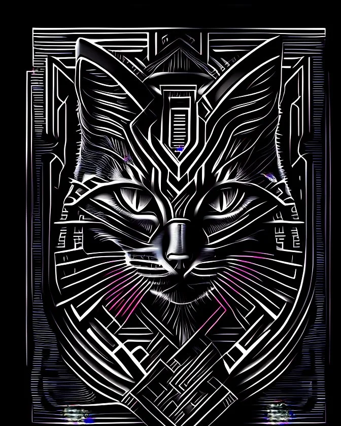 Cat logo cyberpunk cimetrico, lineal arte, intrincado, incredible work of art, black and White, fondo negro