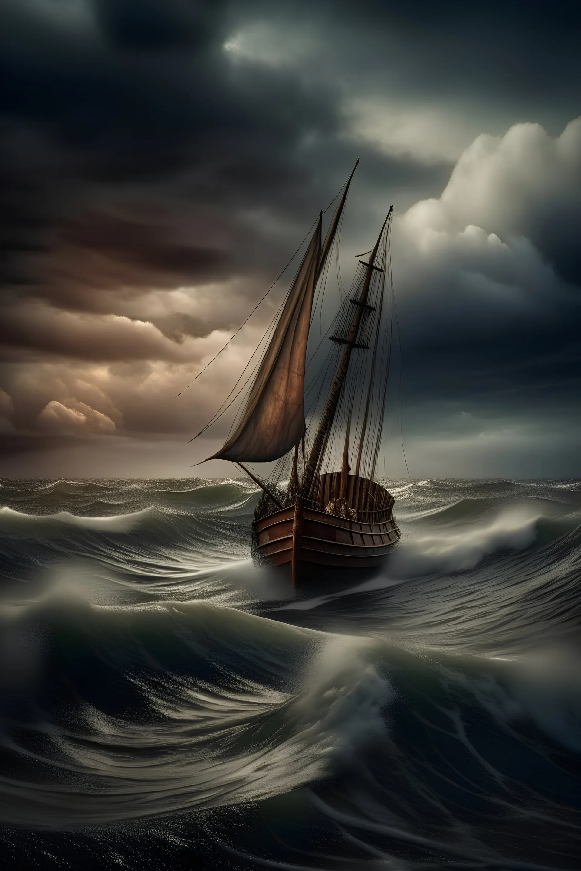 A real photographic landscape Super wide ,Ominous sky , Sailing boat , Wooden boat, Lotus , Huge waves,