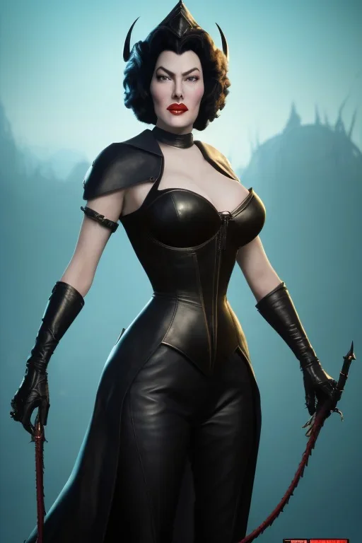 Ava Gardner as evil queen in black leather, busty, cleavage, curvy, angry, stern look. character design by cory loftis, fenghua zhong, ryohei hase, ismail inceoglu and ruan jia. unreal engine 5, artistic lighting, highly detailed, photorealistic, fantasy