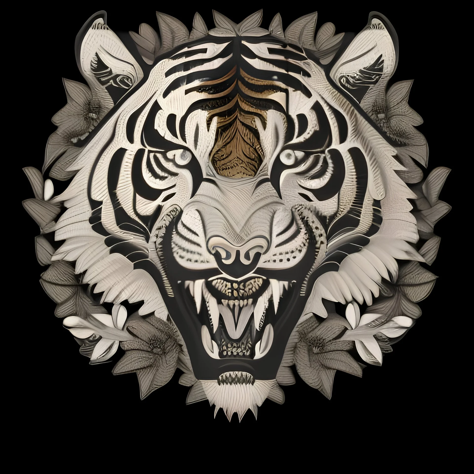 A captivating vintage-inspired vector illustration of a tiger's head, rendered in black and white with intricate shading. The tiger's mouth is open in a ferocious snarl, displaying its sharp teeth. Surrounding the tiger's head are delicate leaves and a single blooming flower. The overall design is set against a clean white background, making it a striking and bold statement for a t-shirt.
