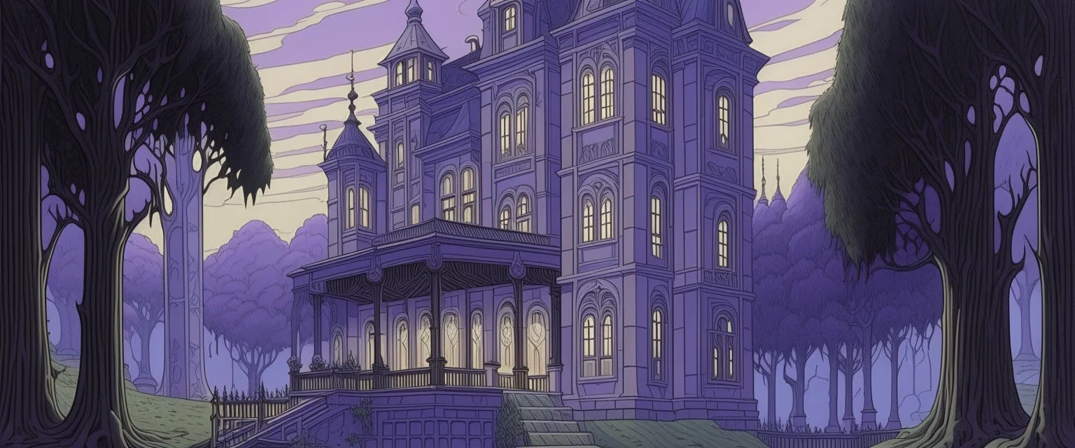 A light purple haunted mansion filled with spirits painted by John Brack