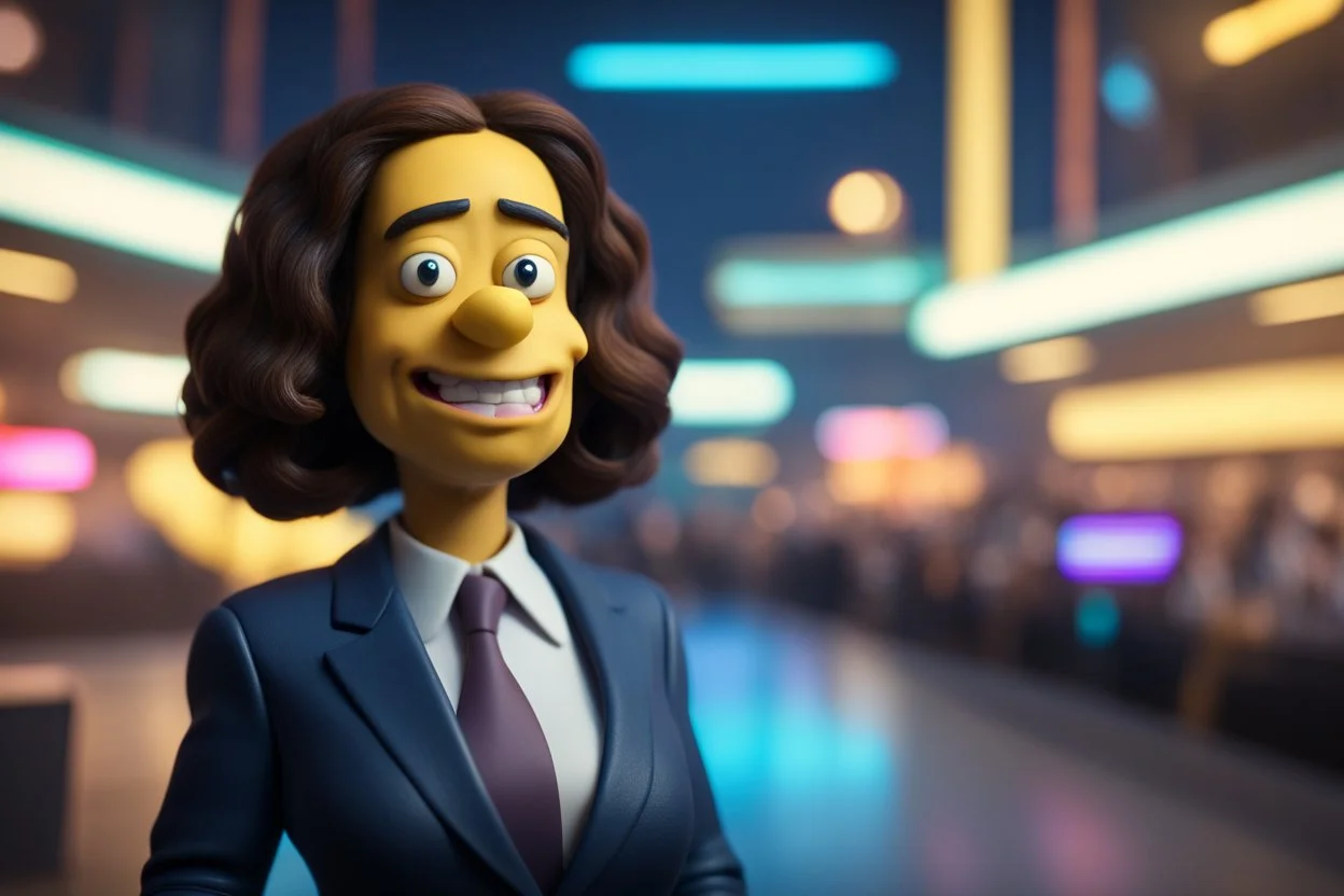 Kamala Harris a as Apu in homer simpson in the style of tron movies , bokeh like f/0.8, tilt-shift lens 8k, high detail, smooth render, down-light, unreal engine, prize winning