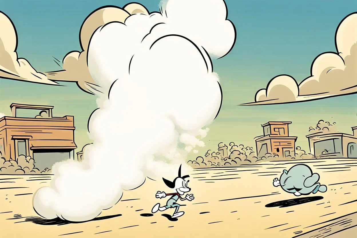 mostly sky, ground line at bottom, small cartoon character on the bottom right running towards the right side, leaving behind a cloud of dust. style of looney toons cartoon