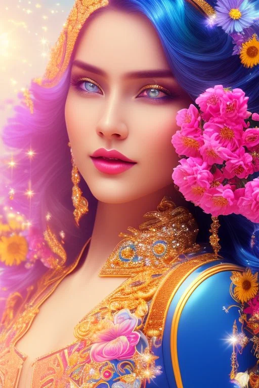 Beautyful smiling young woman, long hair amazing blue eyes, flowers, happy cosmic, bright colors, blue, pink, gold, jewels, realistic, photo real, clear sunny background, highly detailed, high contrast, 8k high definition, unreal engine 5, extremely sharp detail, light effect, sunny light backgroundgold, jewels, realistic, photo real, clear sunny background, highly detailed, high contrast, 8k h