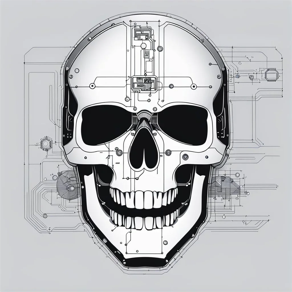 FLAT VECTOR LAYERED IMAGE OF CYBERNETIC SKULL PARTS IN A SCHEMATIC, BLACK AND WHITE, AUTOCAD, FINE LINE BLUEPRINT,