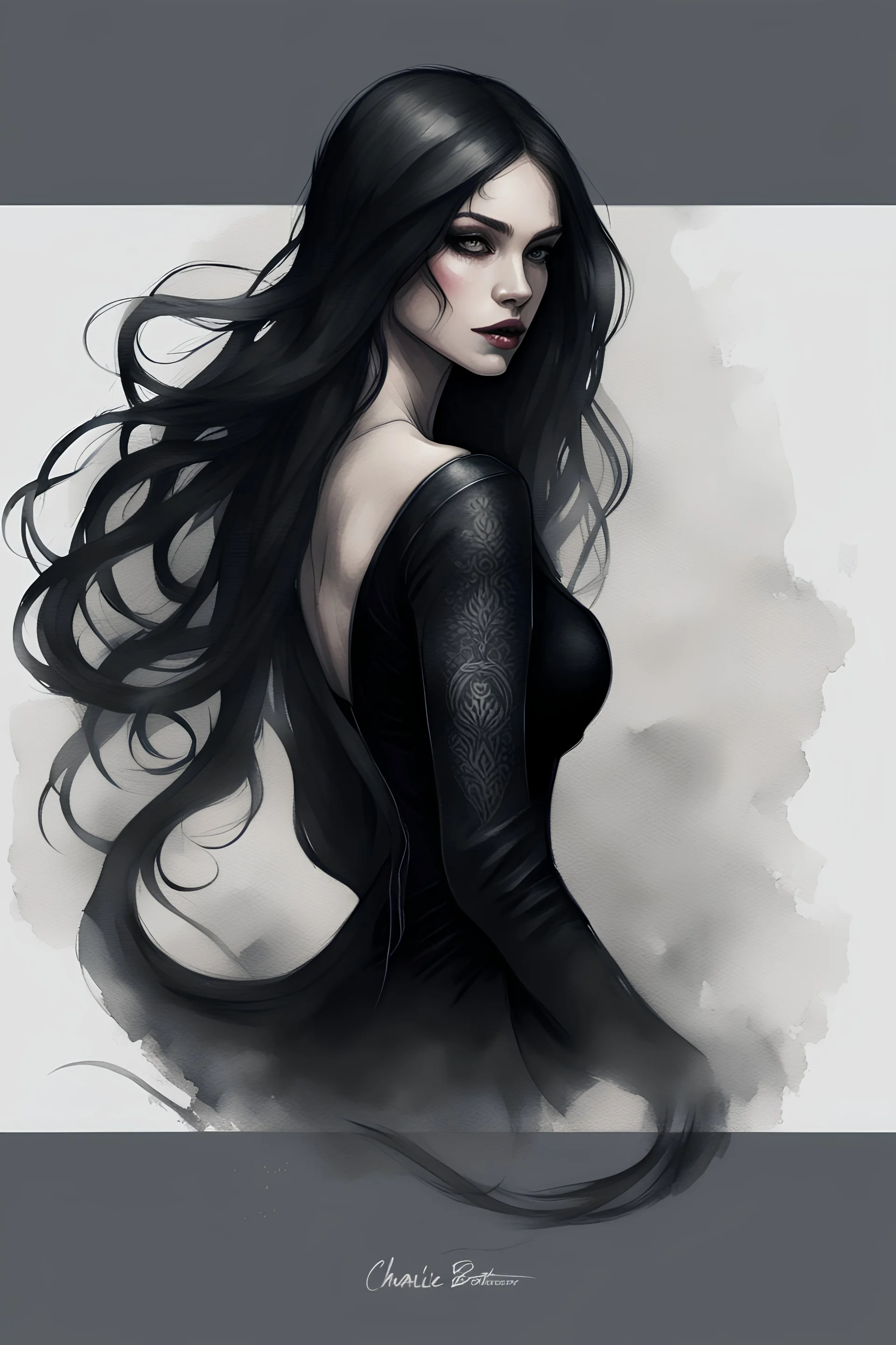 watercolor gothic girl in black leather, white skin, beautiful wavy long black hair, black dress with an open back, tattoos on the back, Trending on Artstation, {creative commons}, fanart, AIart, {Woolitize}, by Charlie Bowater, Illustration, Color Grading, Filmic, Nikon D750, Brenizer Method, Side-View, Perspective, Depth of Field, Field of View, F/2.8, Lens Flare, Tonal Colors, 8K, Full-HD, ProPhoto RGB, Perfectionism, Rim Lighting, Natural Lighting, Soft Lighting, Accent Ligh