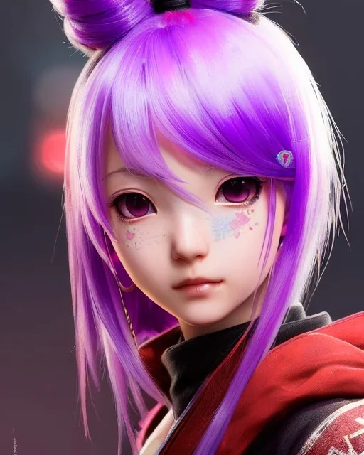 Detailed cute anime Kunoichi girl, purple hair buns, purple bangs, Christmas style colours, intricate details, full body portrait, keep head in frame, slight smile, black Japanese motif, concept art, highly detailed, digital painting, concept art, sharp focus, illustration, art by Yoji Shinkawa, WLOP and greg rutkowski and alphonse mucha and artgerm and yanjun Chen and Junji ito and Makoto Shinkai, HDR, octane render