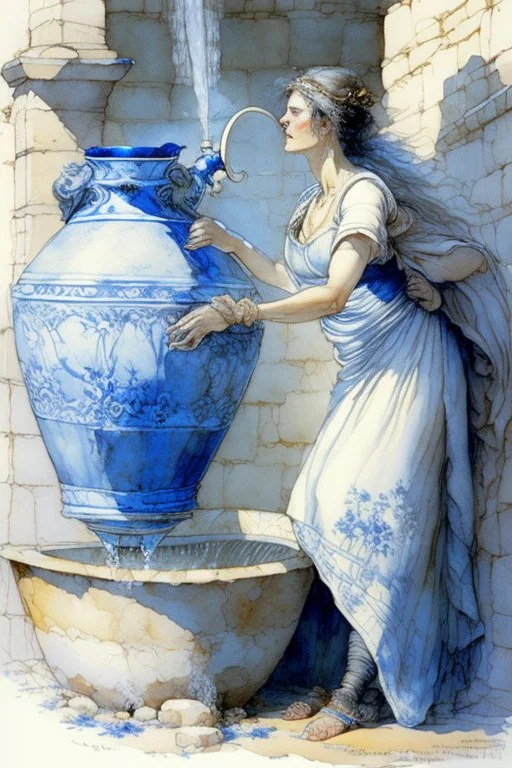 A woman in an ancient Roman dress pours water from an amphora into a pot in a blue and white bathroom, by Jean-Baptiste Monge, watercolour and ink, highly detailed, award winning, crisp quality in sunshine