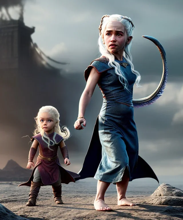 Daenerys Targaryen toddler, dragon, full body, dramatic lighting, angry, hyper realistic,