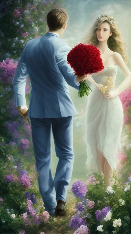 An image of a man holding a bouquet of flowers as he walks towards a woman. --auto --s2