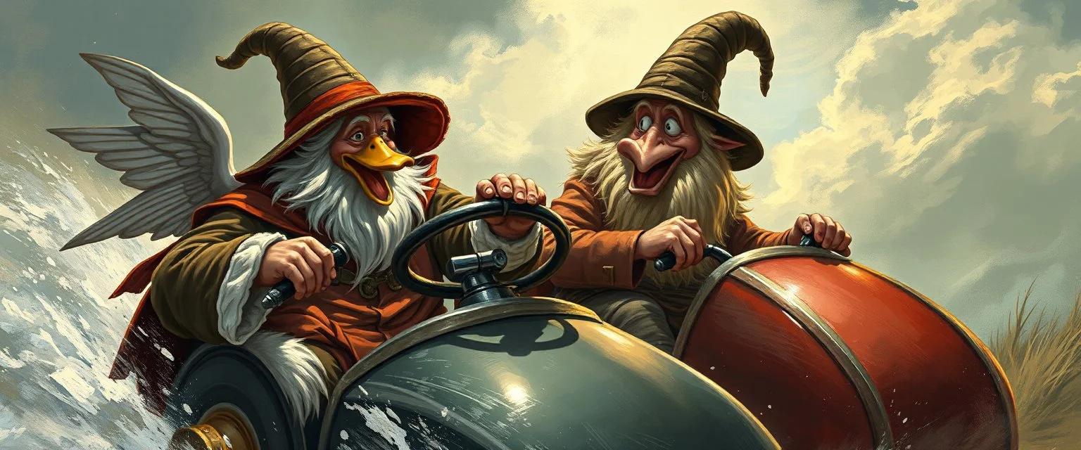 gokart mozart duck gandalf and bewildered frodo looks beyond really powerful, fantasy illustration