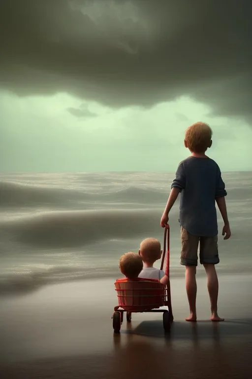 young boy standing and old man sleeping on beach, dark storm clouds overhead, gloomy, bleak, shopping trolley, ship at sea, little fires